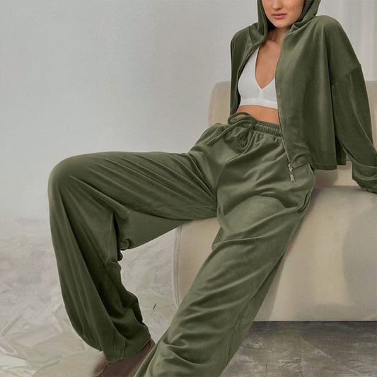 Kroofu Tracksuit women Army Green Velvet Hooded Sweater Set, Women's Tracksuit Set
